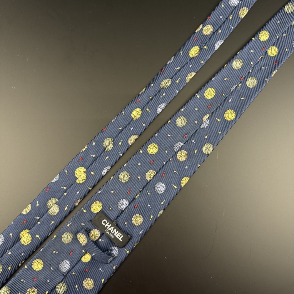 Chanel Silk Tie Blue Golf Ball Tee Pattern CC Logo France Authentic Luxury - Picture 8 of 12